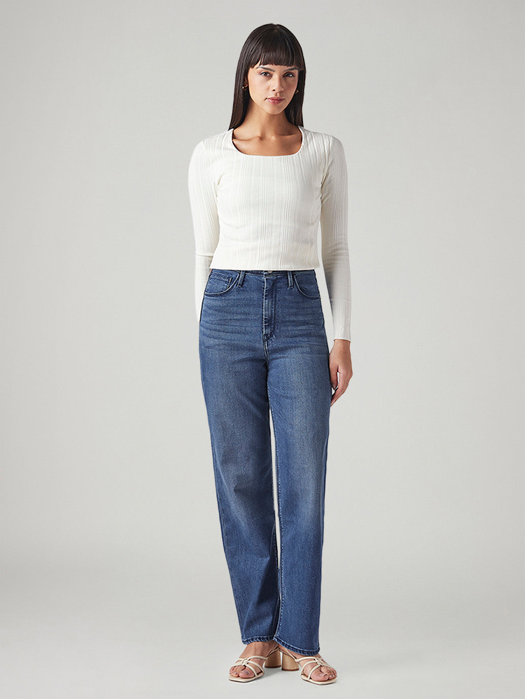 Women's Dark Indigo Ribcage Straight Fit High Rise Redloop Jeans - Front View