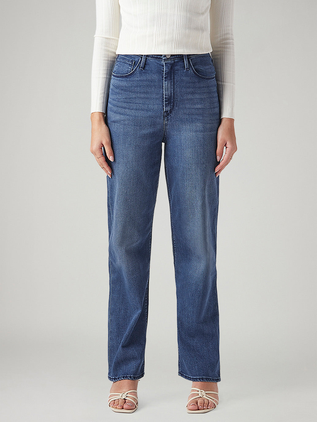 Women's Dark Indigo Ribcage Straight Fit High Rise Redloop Jeans - Front View