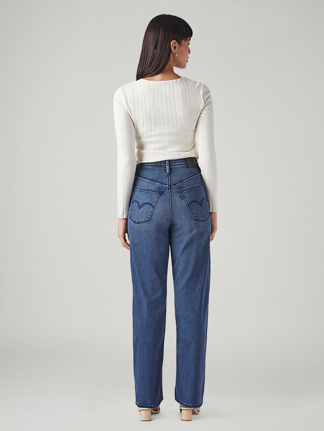 Women's Dark Indigo Ribcage Straight Fit High Rise Redloop Jeans - Back View