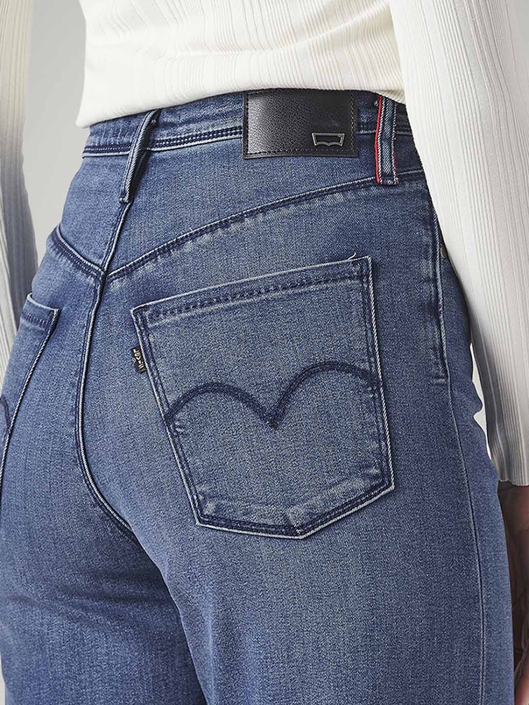 Women's Dark Indigo Ribcage Straight Fit High Rise Redloop Jeans - Detail View