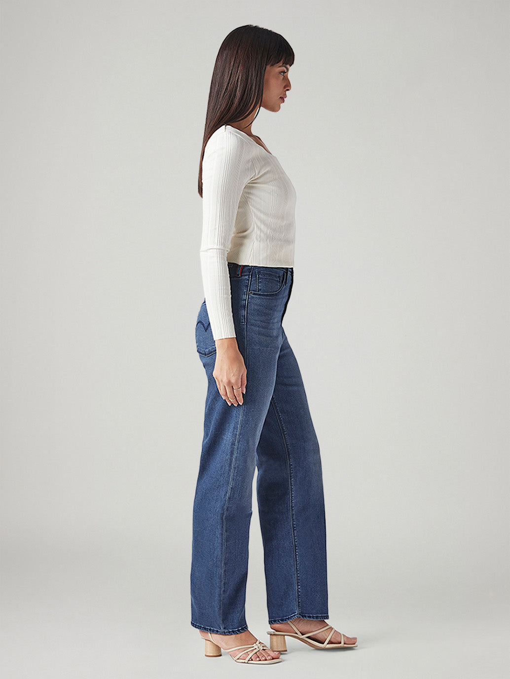 Women's Dark Indigo Ribcage Straight Fit High Rise Redloop Jeans - Side View