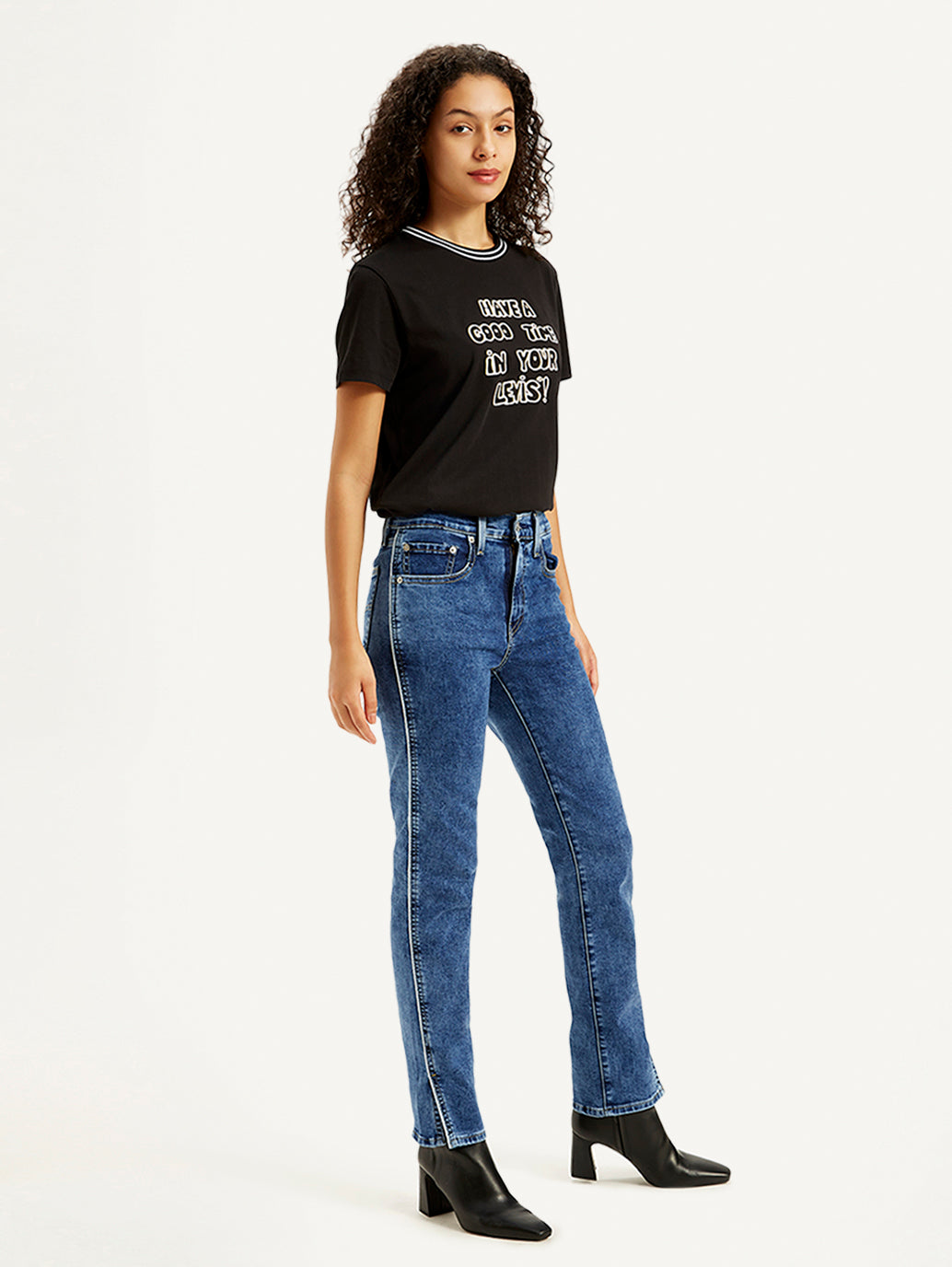 Women's 724 Blue Slim Straight Fit High Rise Jeans - Side View