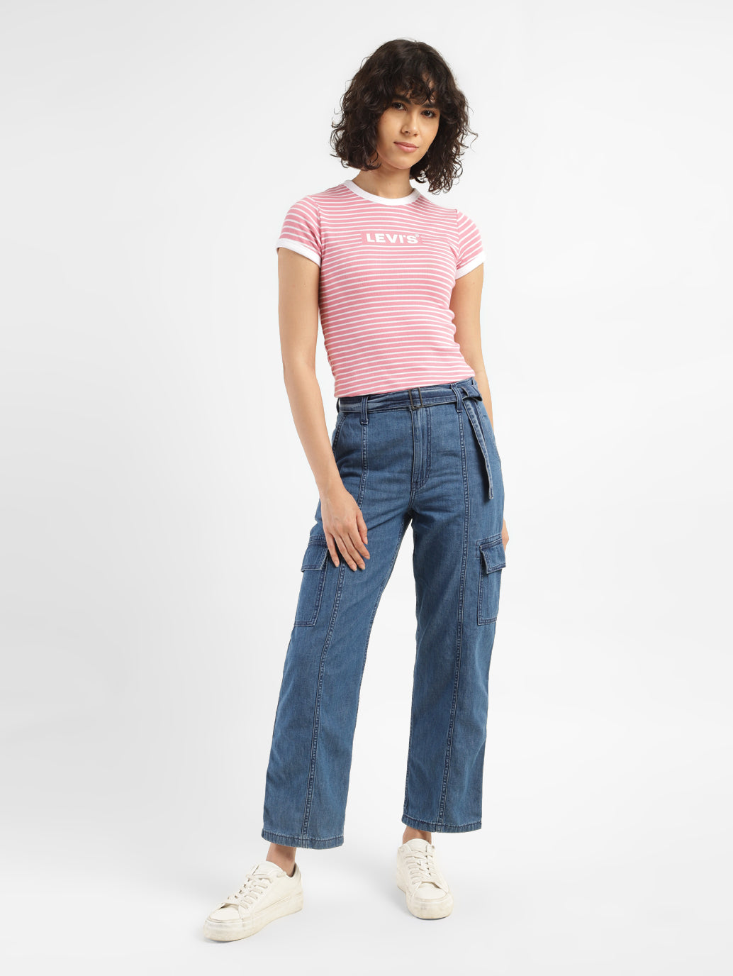 Women's 94 Blue Baggy Fit Mid Rise Jeans - ModelFront View