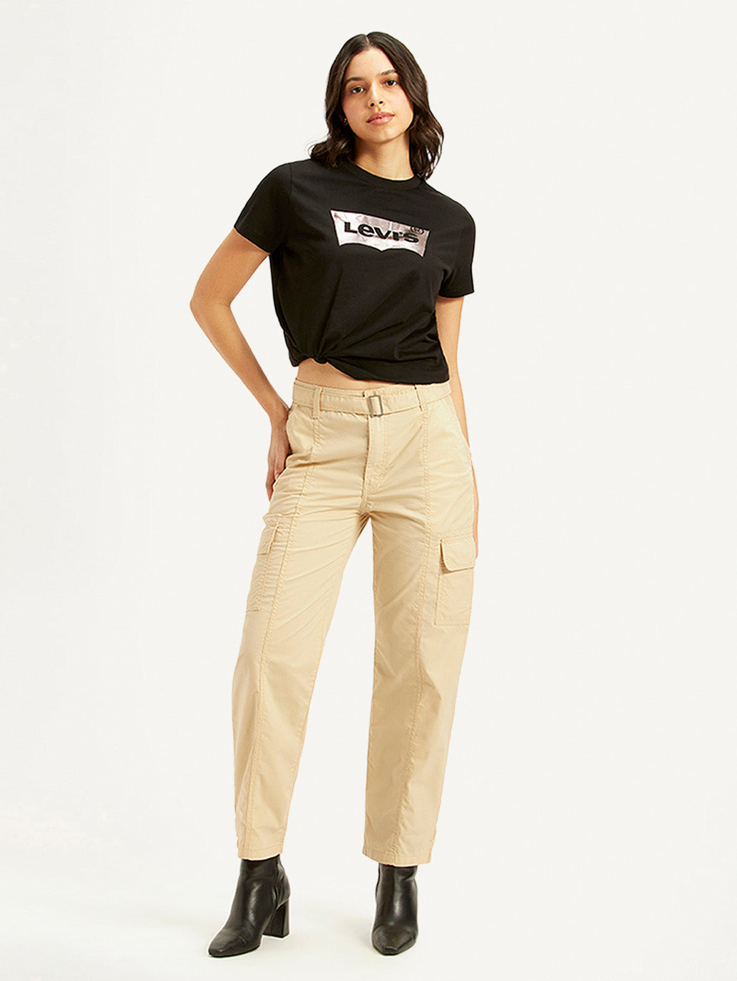 Women's Beige Cargo Trousers - Styleshot View