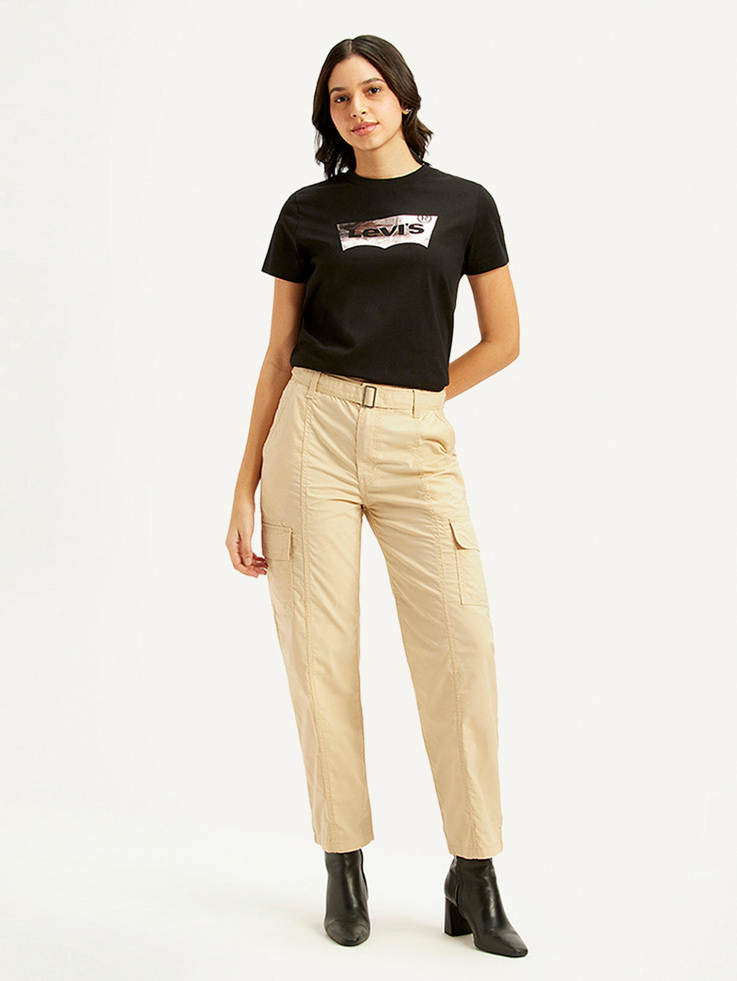 Women's Beige Cargo Trousers - Front View