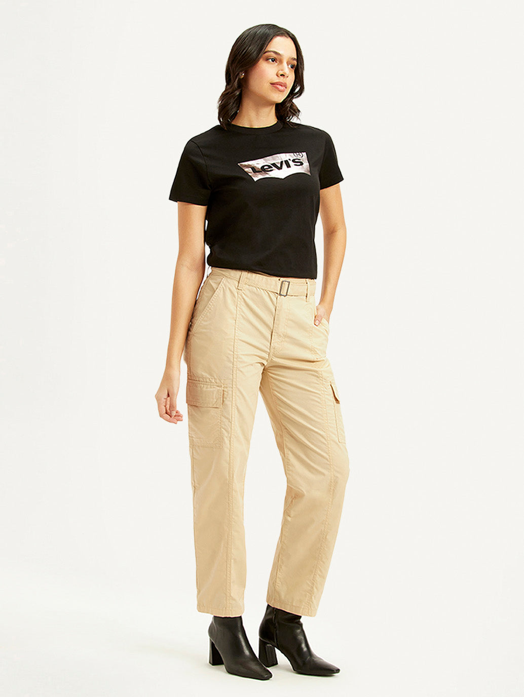Women's Beige Cargo Trousers - Side View