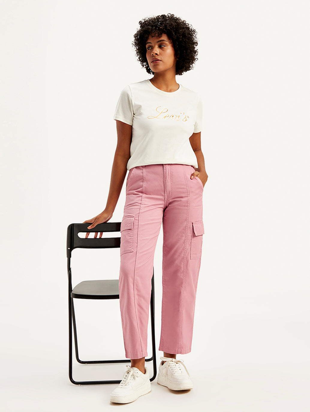 Women's Mid Rise Pink Tapered Cargo Trousers - Styleshot View