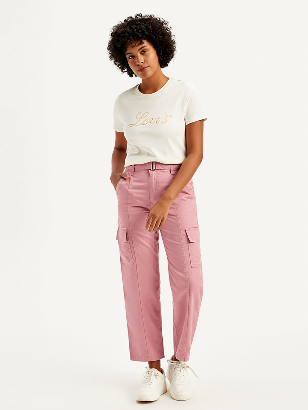 Women's Mid Rise Pink Tapered Cargo Trousers - Front View