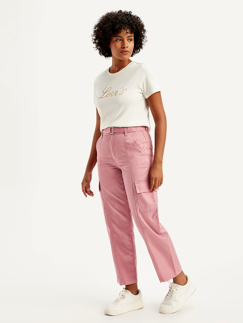 Women's Mid Rise Pink Tapered Cargo Trousers - Side View