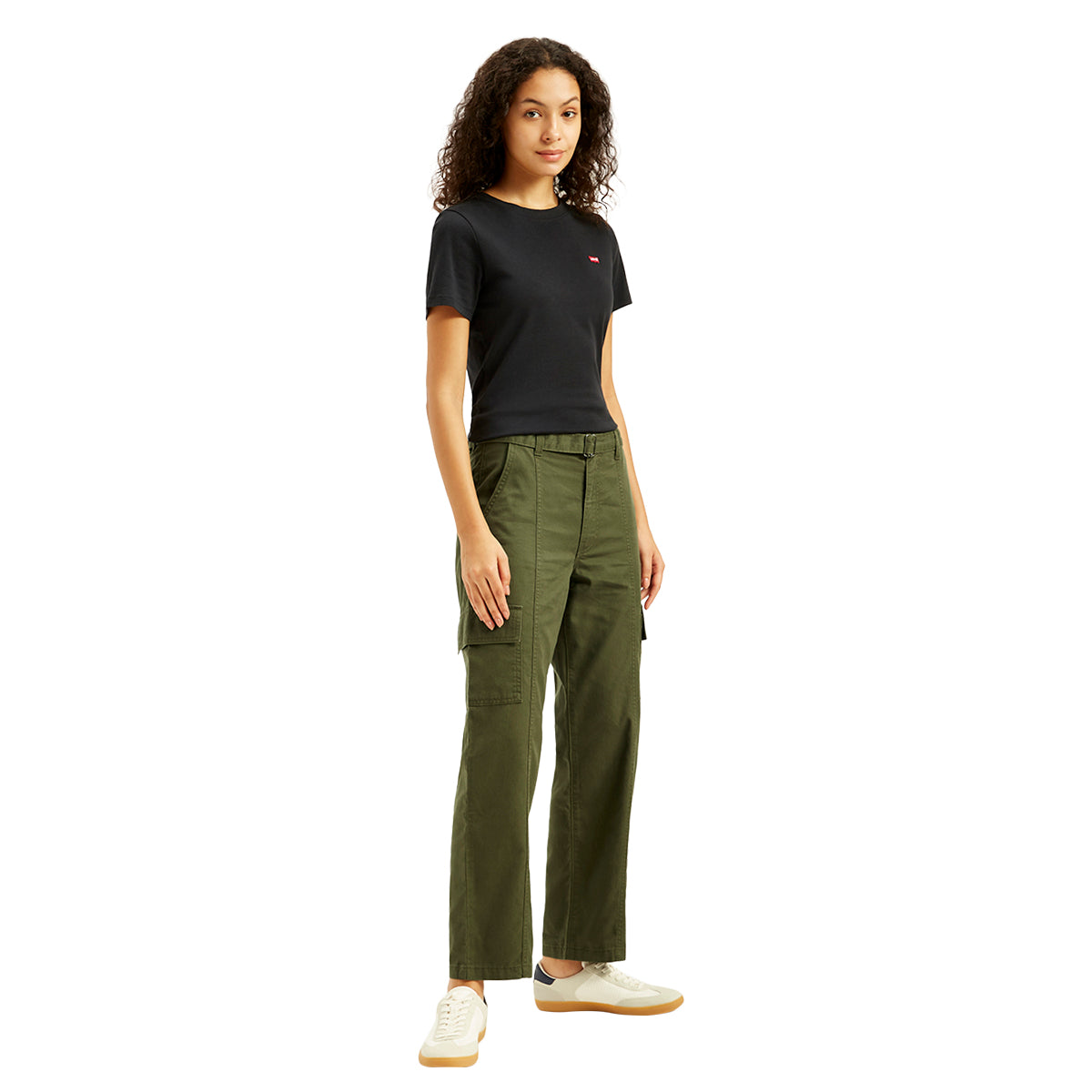 Women's Mid Rise Olive Regular Fit Cargo Trousers - Side View