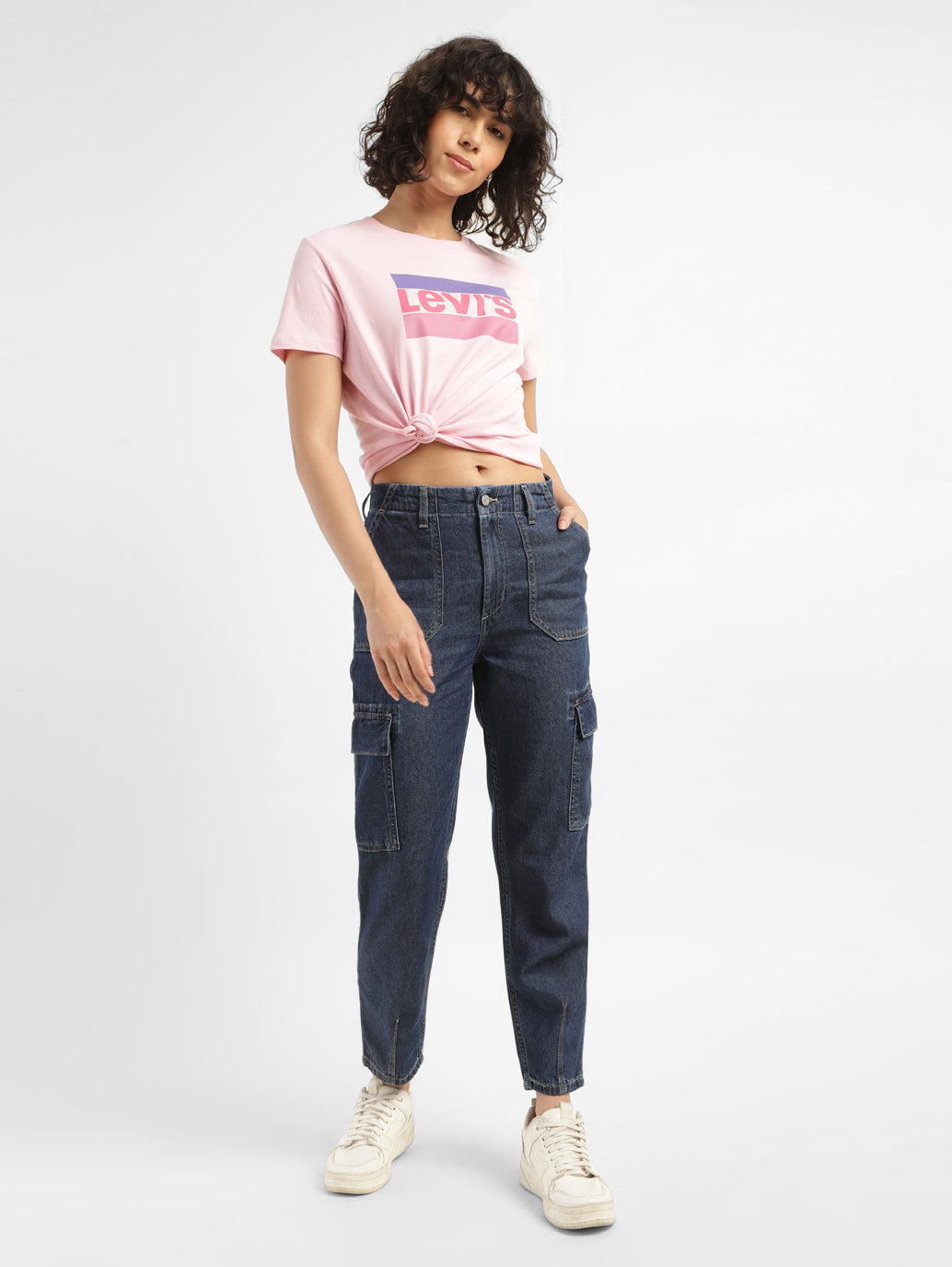 Women's Mid Rise Navy Cargo Jeans - StyleShot View