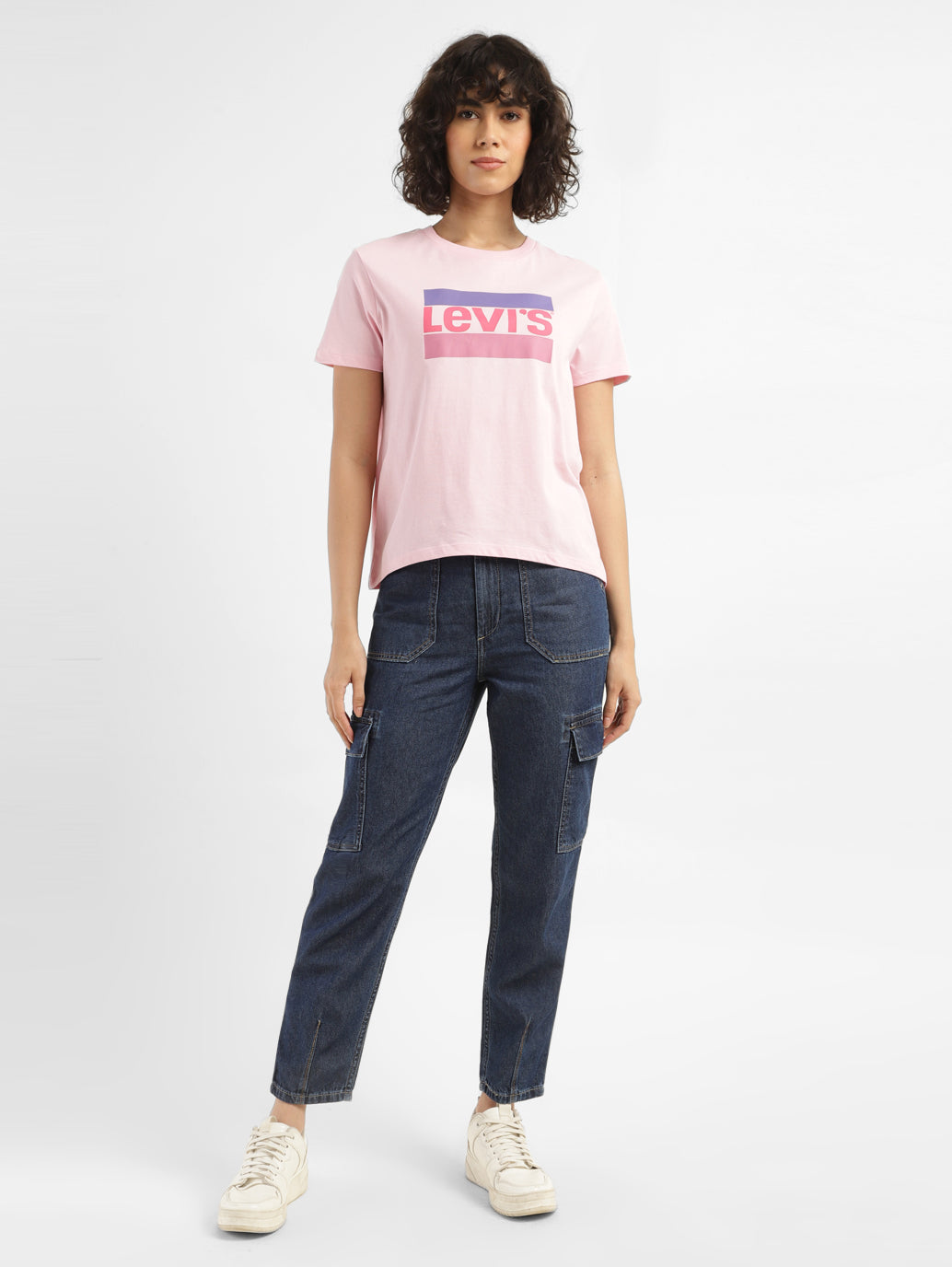 Women's Mid Rise Navy Cargo Jeans - ModelFront View