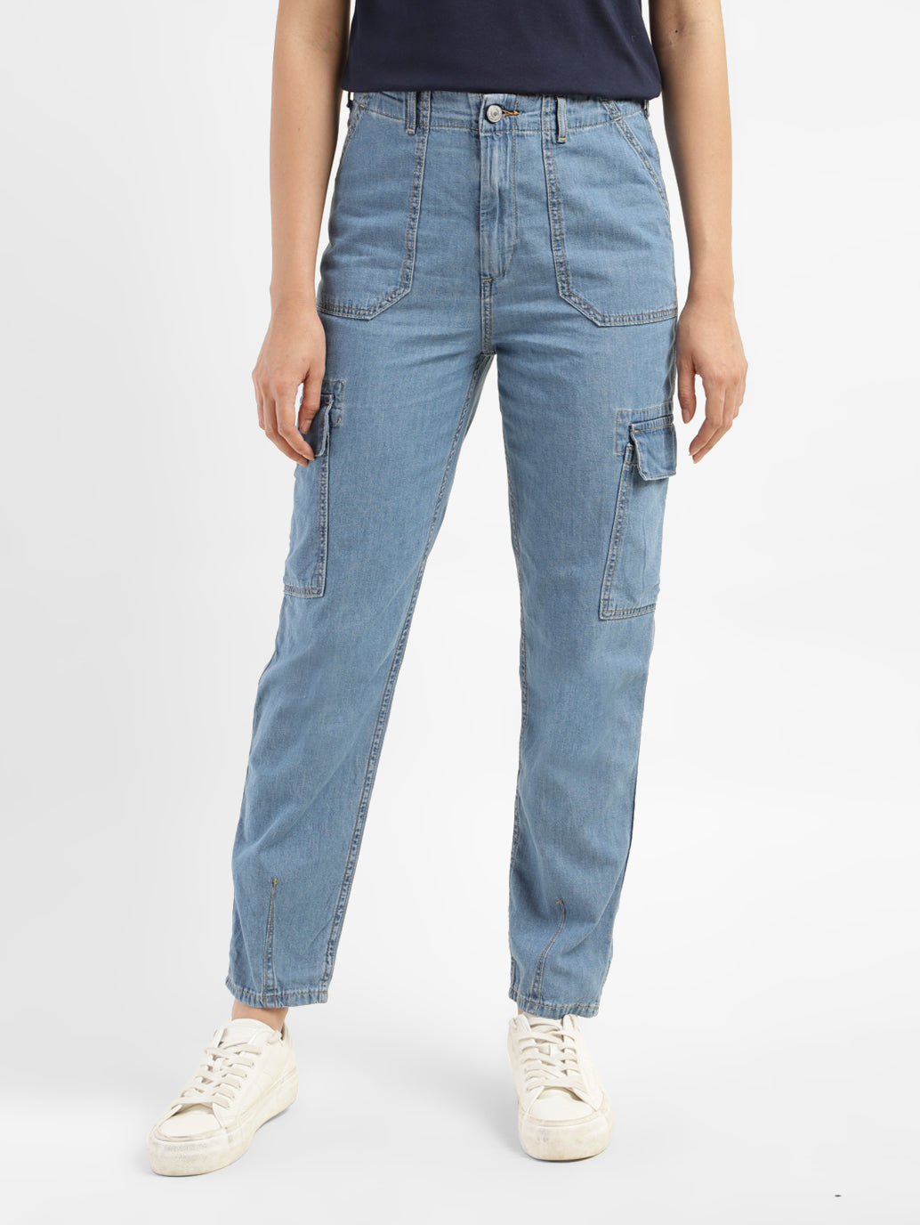 Women's Mid Rise Blue Cargo Jeans - 18dd7b5f-f141-4838-8494-1c64293aa53c View