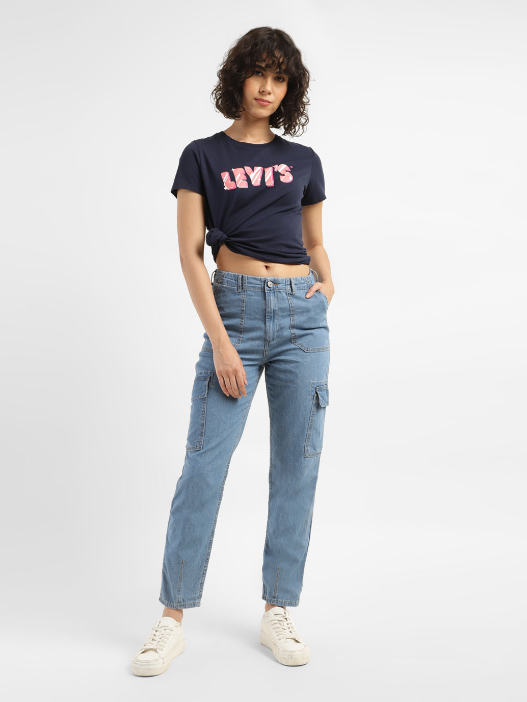 Women's Mid Rise Blue Cargo Jeans - StyleShot View