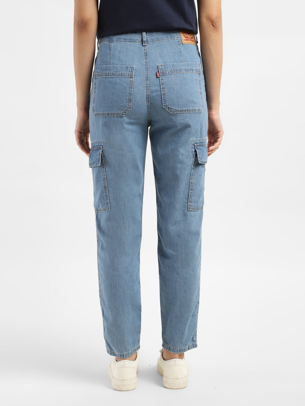 Women's Mid Rise Blue Cargo Jeans - 8ae0cd5a-cd26-4d2d-96cc-c69c6467de79 View