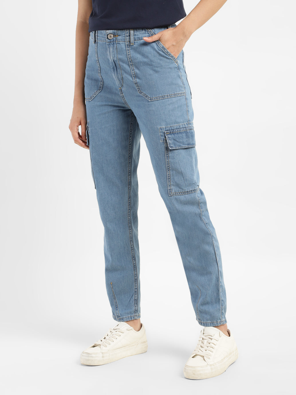 Women's Mid Rise Blue Cargo Jeans - 76ac51fe-c50d-4b1d-a5f6-d18989389fd8 View