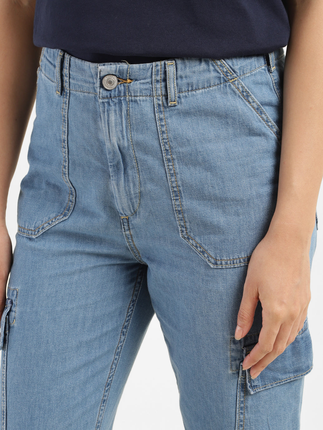 Women's Mid Rise Blue Cargo Jeans - FrontDetails View