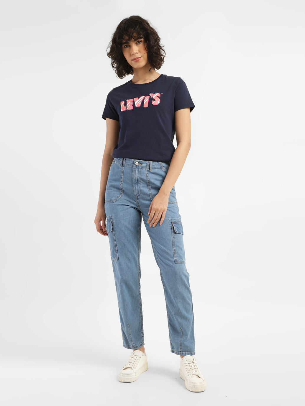 Women's Mid Rise Blue Cargo Jeans - ModelFront View