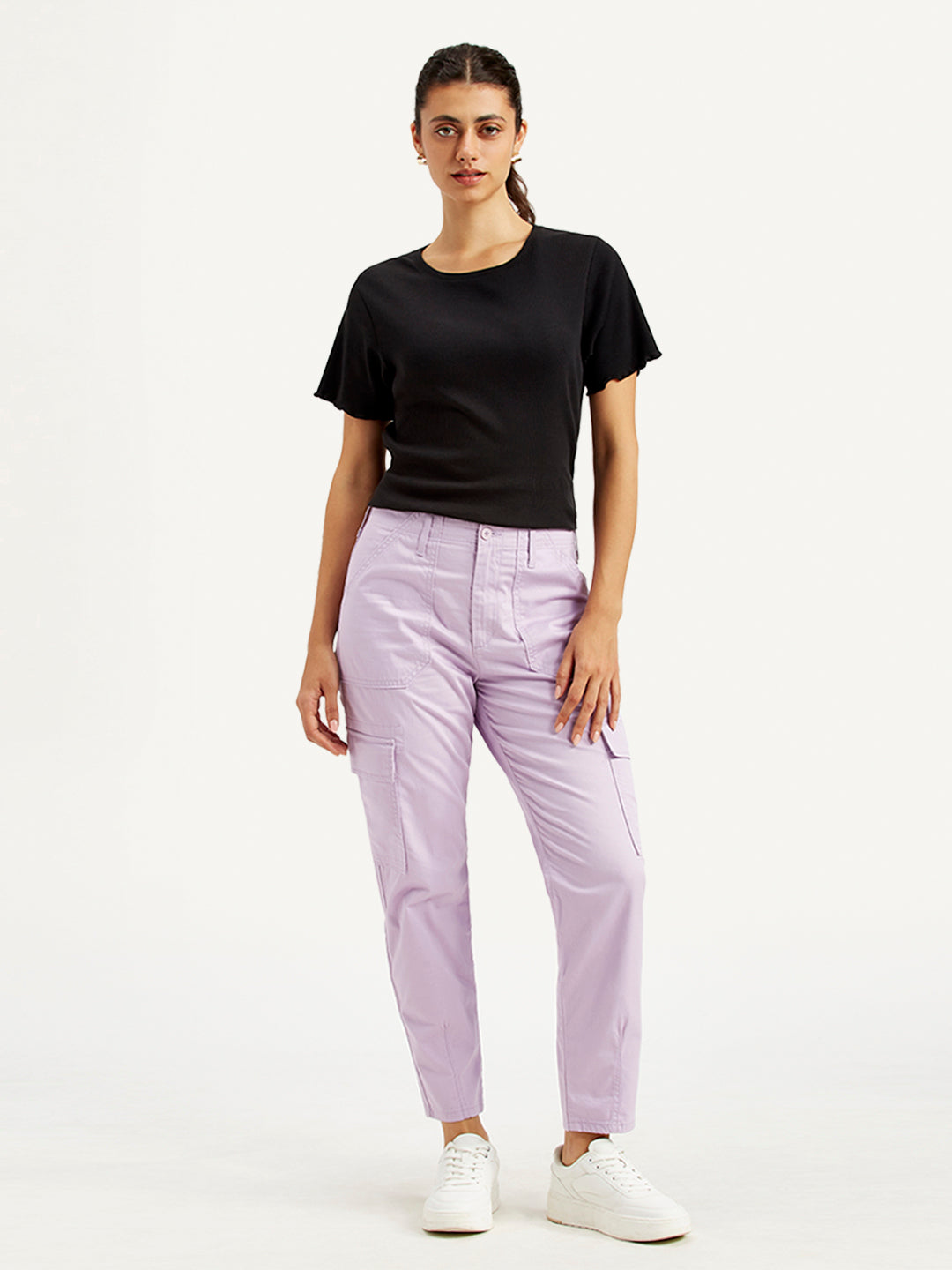 Women's High Rise Lilac Cargo Trousers - Front View