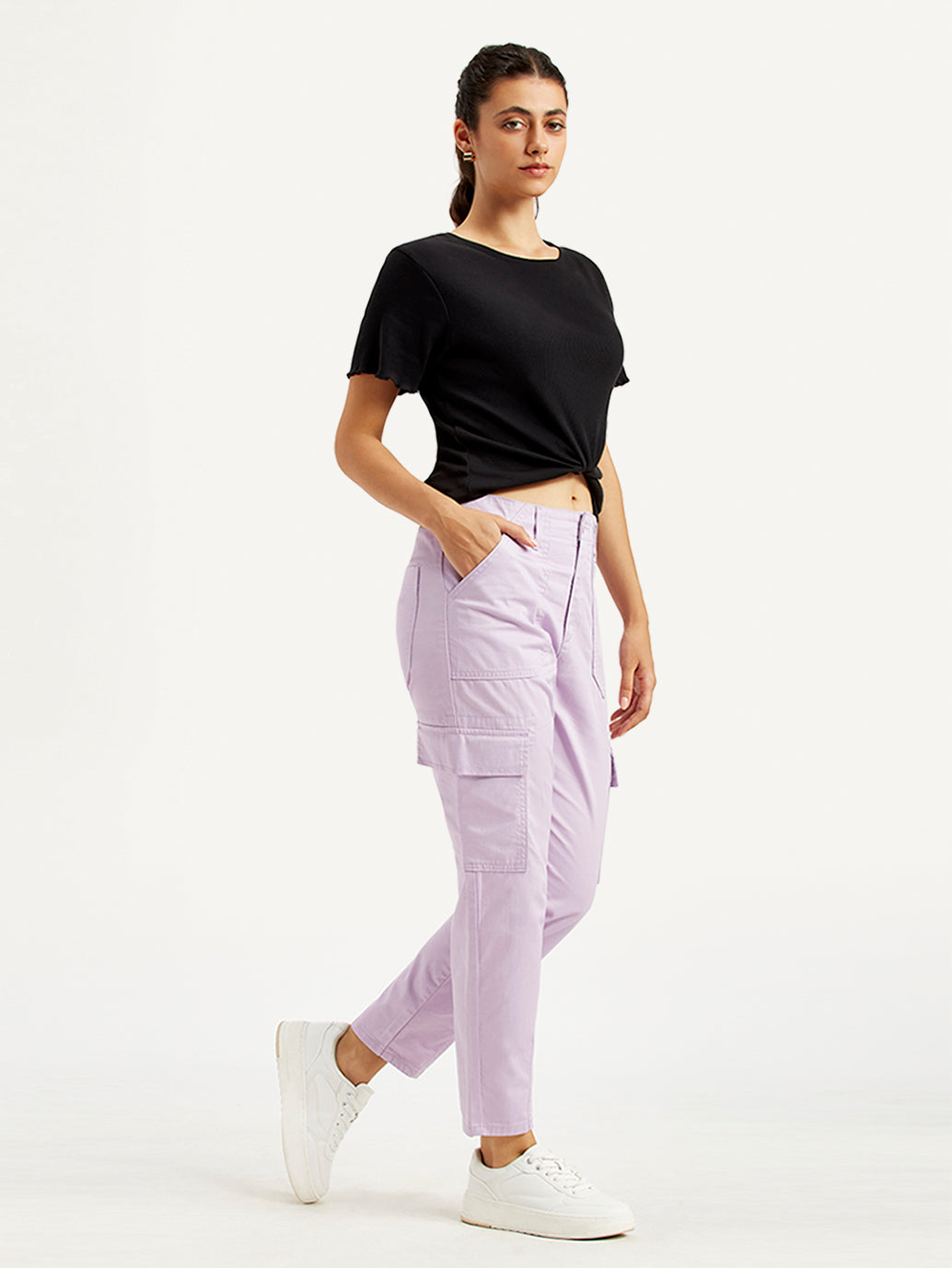 Women's High Rise Lilac Cargo Trousers - Styleshot View