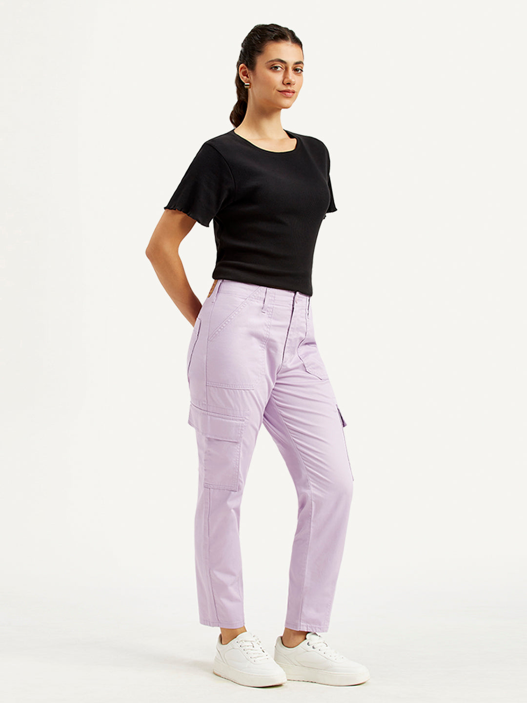 Women's High Rise Lilac Cargo Trousers - Side View