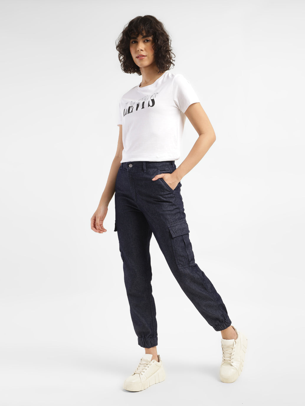 Women's Mid Rise Indigo Cargo Trousers - StyleShot View