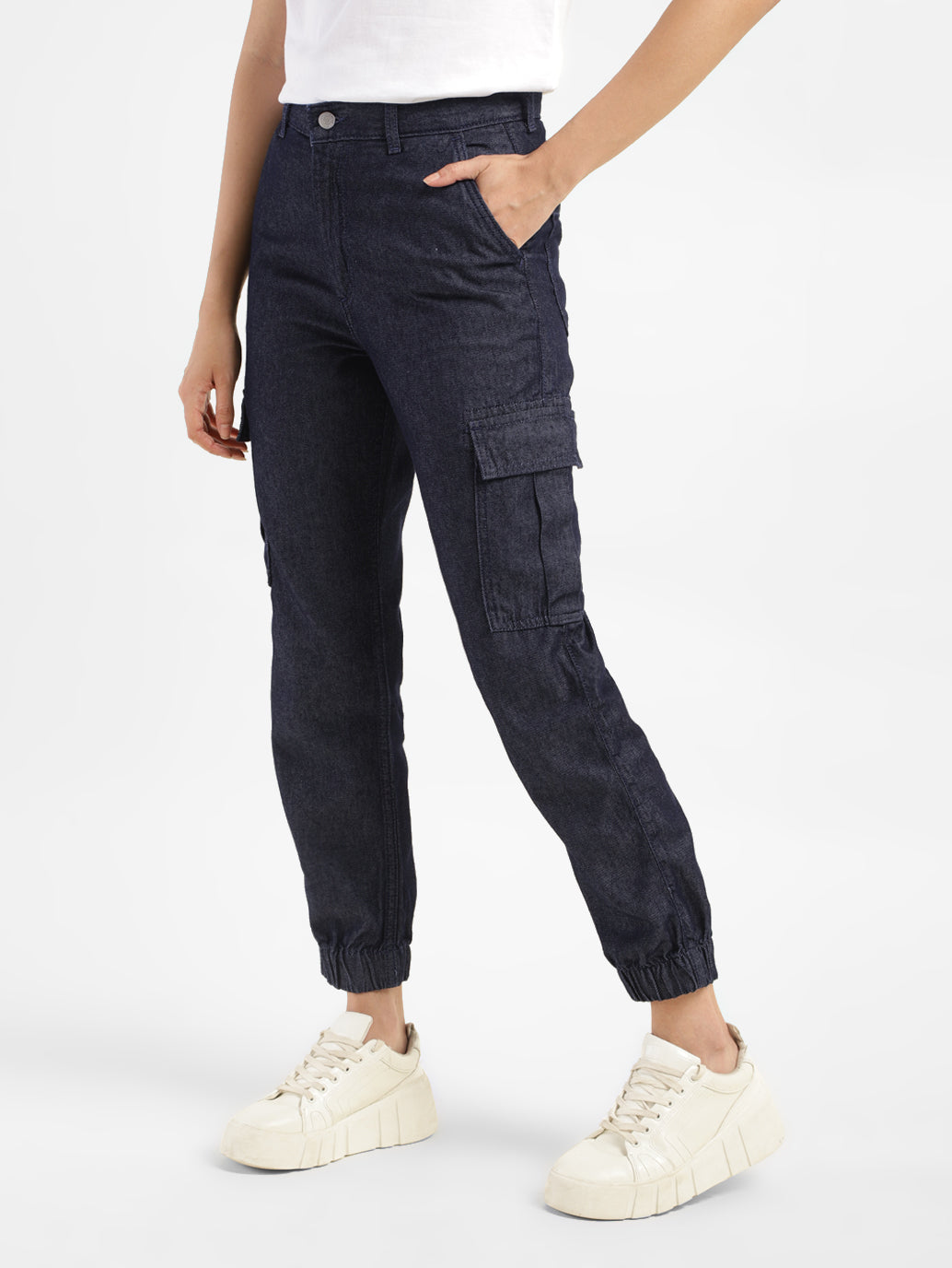 Women's Mid Rise Indigo Cargo Trousers - 799f1cab-60ae-48a6-a8b0-987bf19a92bf View