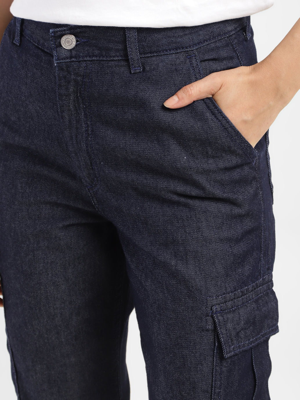 Women's Mid Rise Indigo Cargo Trousers - FrontDetails View