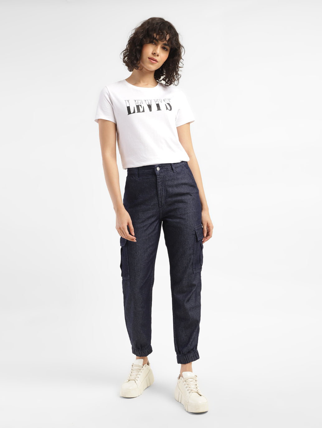 Women's Mid Rise Indigo Cargo Trousers - ModelFront View