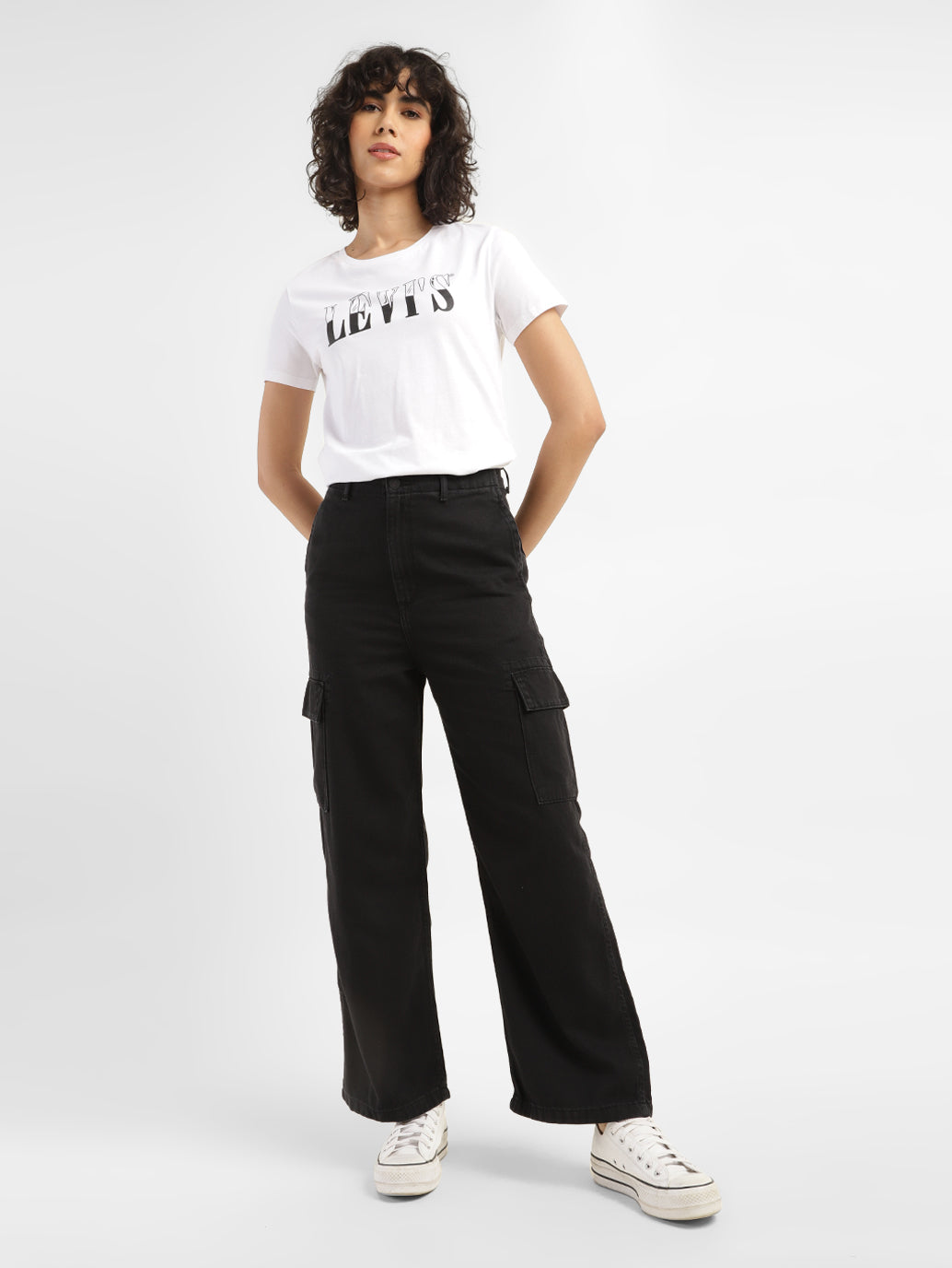 Women's High Rise Black Loose Fit Cargo Jeans - StyleShot View