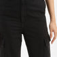 Women's High Rise Black Loose Fit Cargo Jeans - FrontDetails View