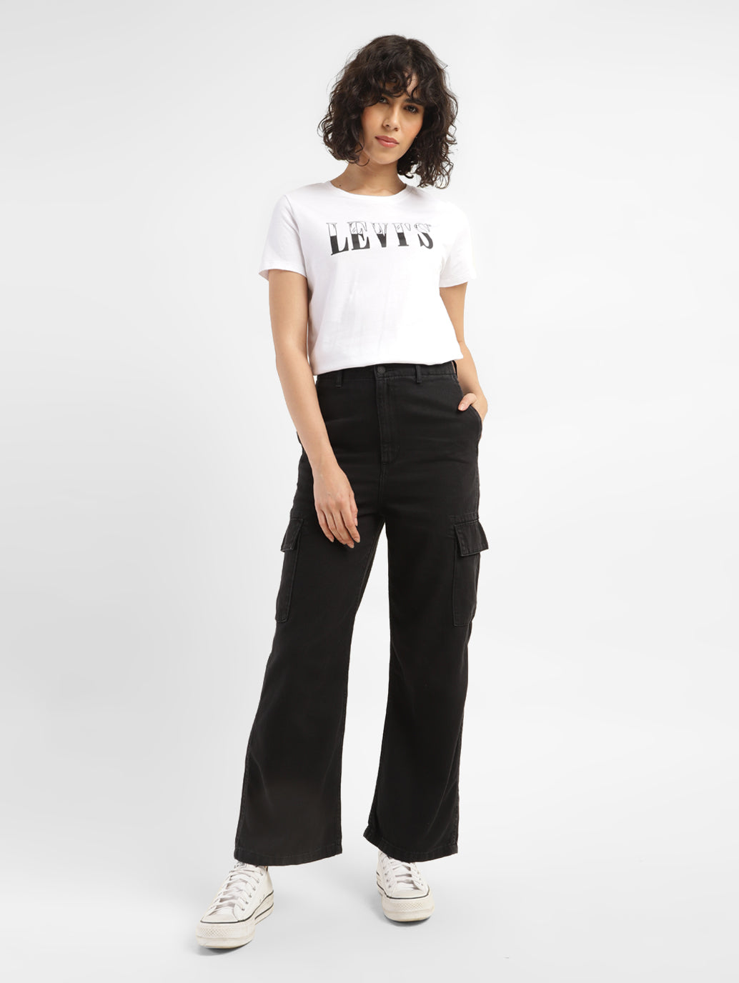 Women's High Rise Black Loose Fit Cargo Jeans - ModelFront View