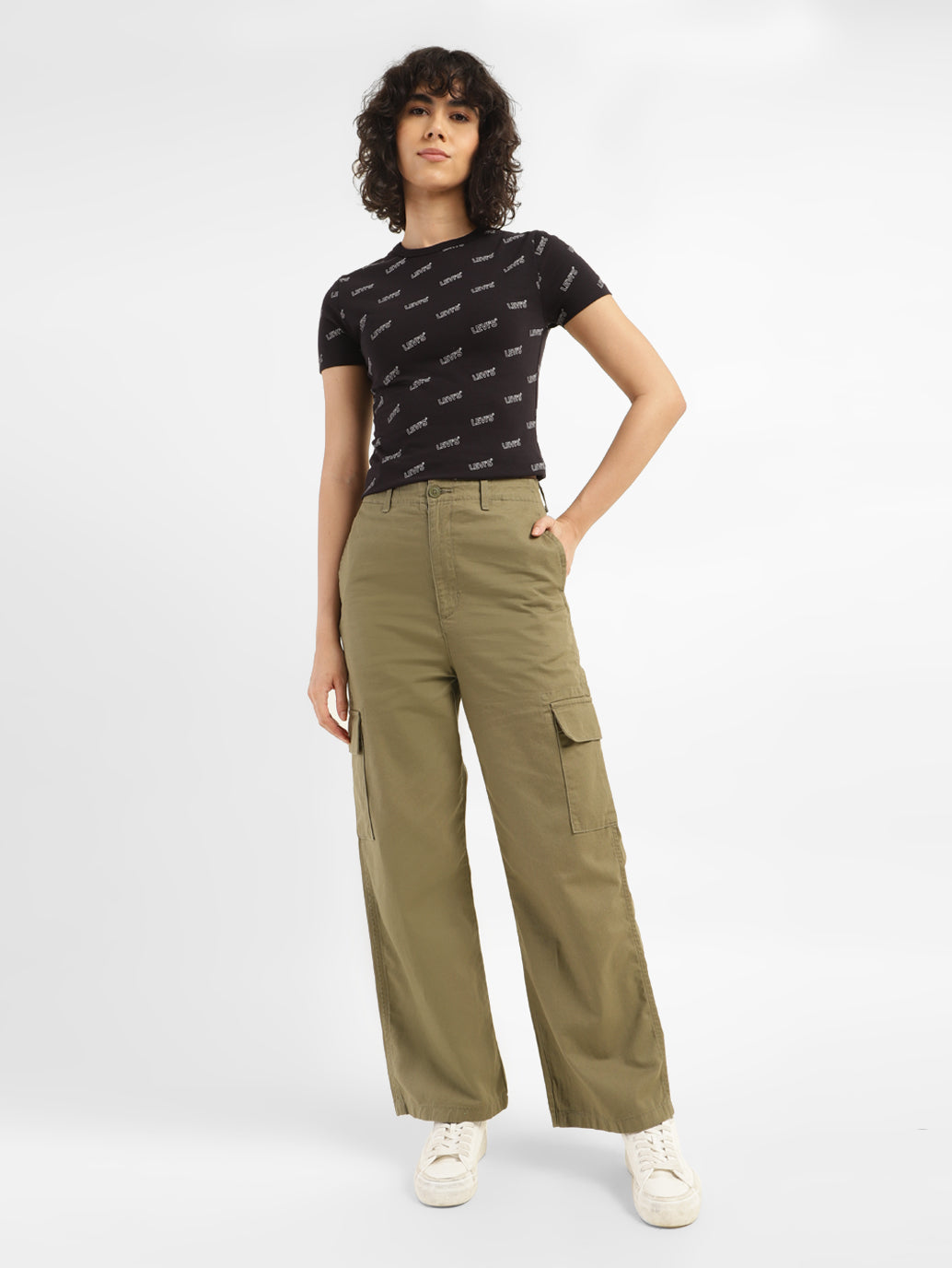 Women's High Rise Olive Loose Fit Cargo - StyleShot View