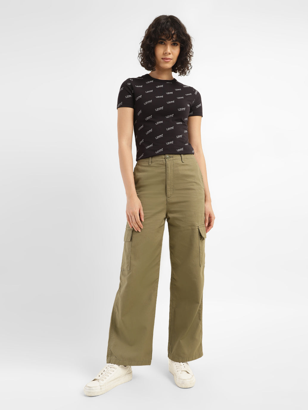Women's High Rise Olive Loose Fit Cargo - ModelFront View
