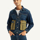 Men's Colorblock Navy Spread Collar Denim Jacket - Front View