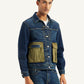 Men's Colorblock Navy Spread Collar Denim Jacket - Side View