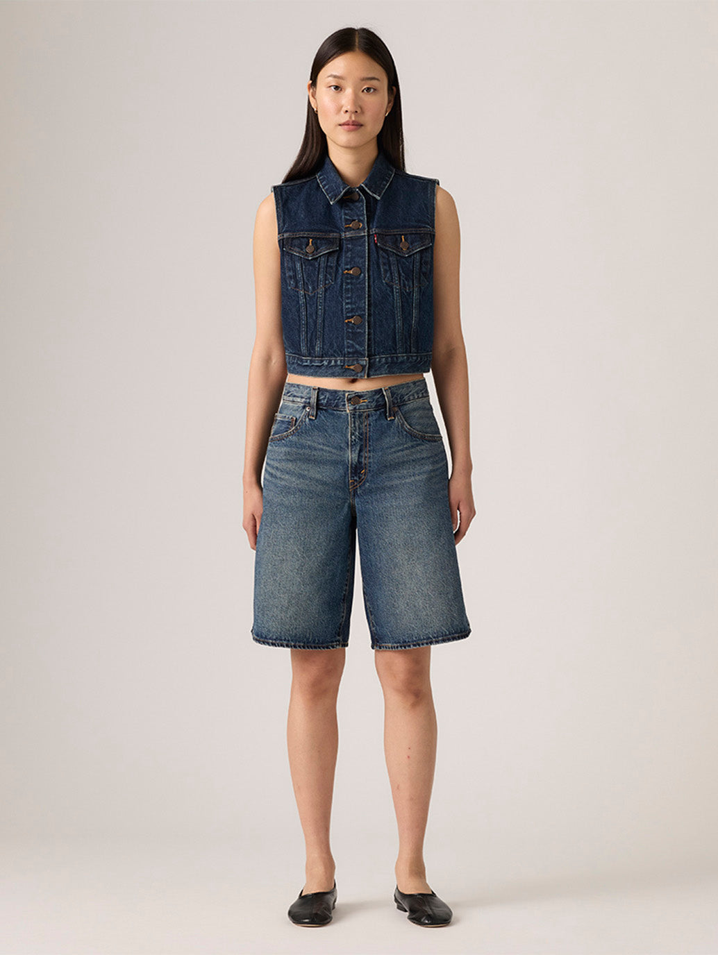Women's Tinted Mid Rise Dark Indigo Baggy Fit Shorts - Front View