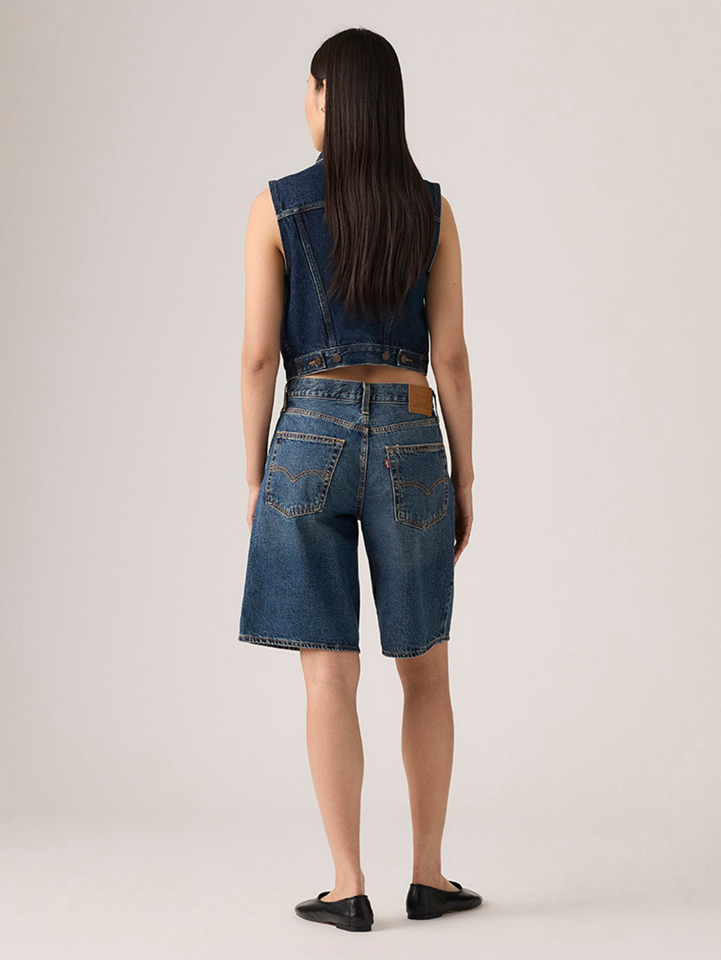 Women's Tinted Mid Rise Dark Indigo Baggy Fit Shorts - Back View