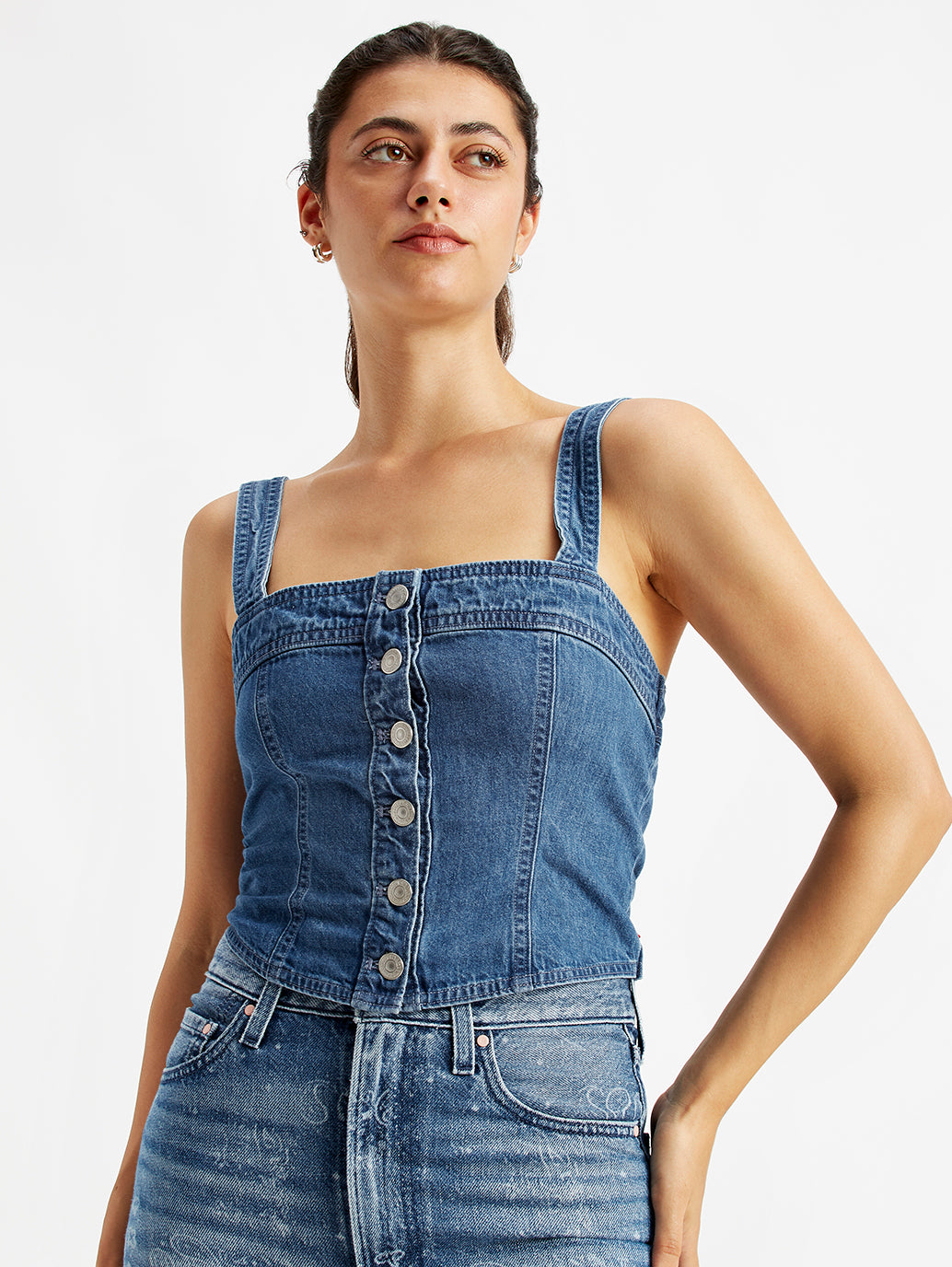 Women's Solid Blue Denim Corset Top - Elevated View
