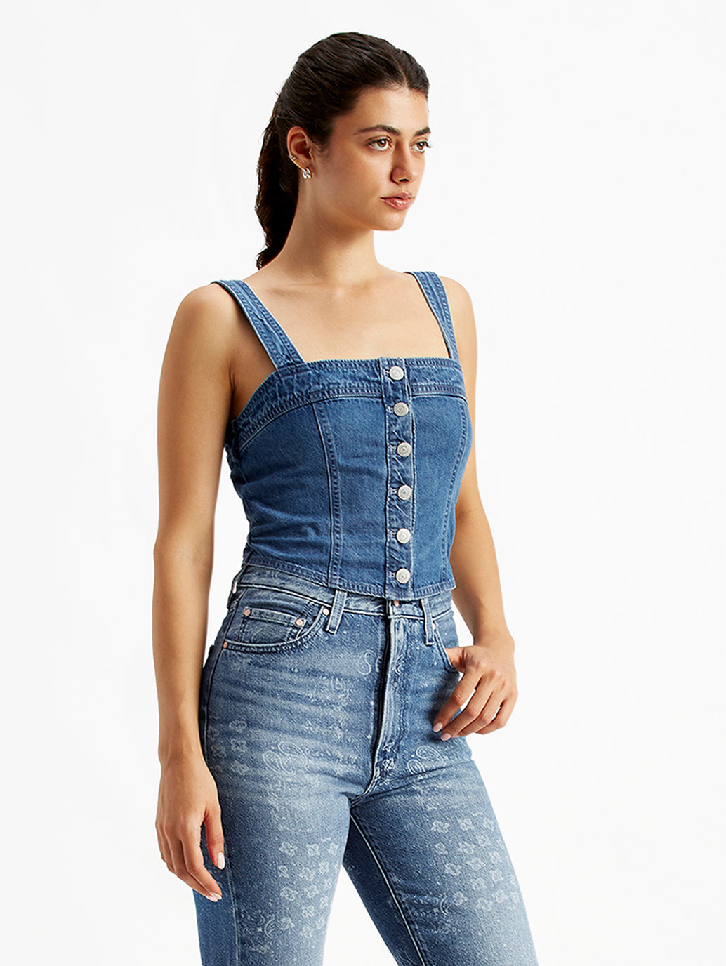 Women's Solid Blue Denim Corset Top - Side View