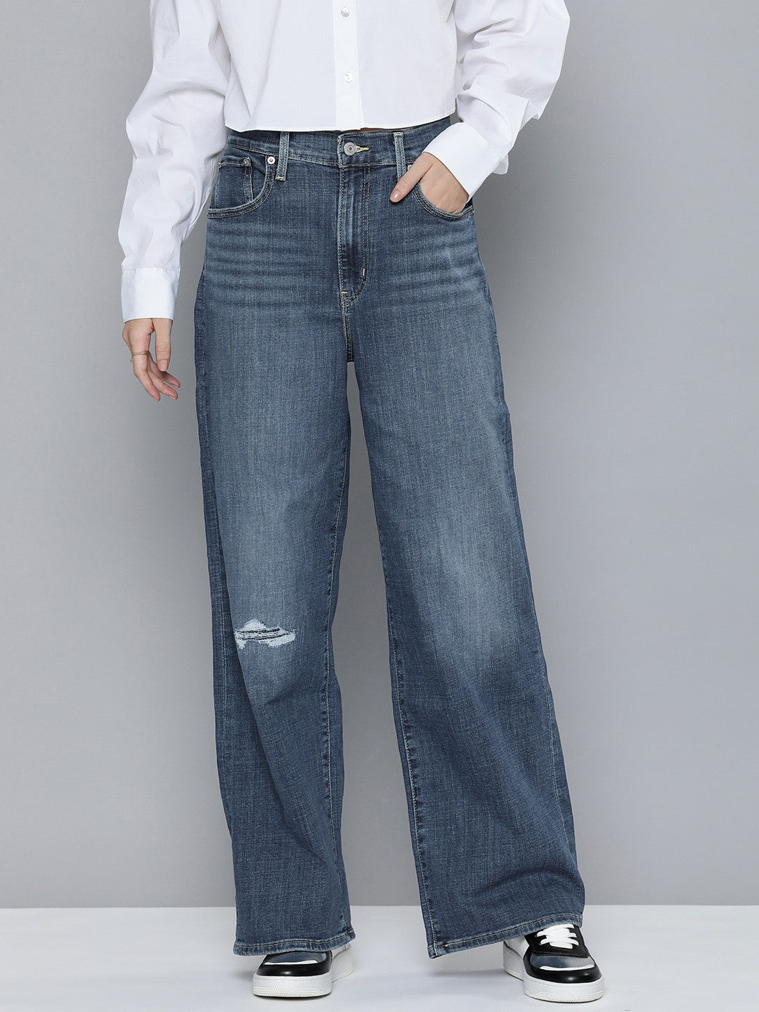 Women's Blue Wide Leg Fit High Rise Jeans - 1 View