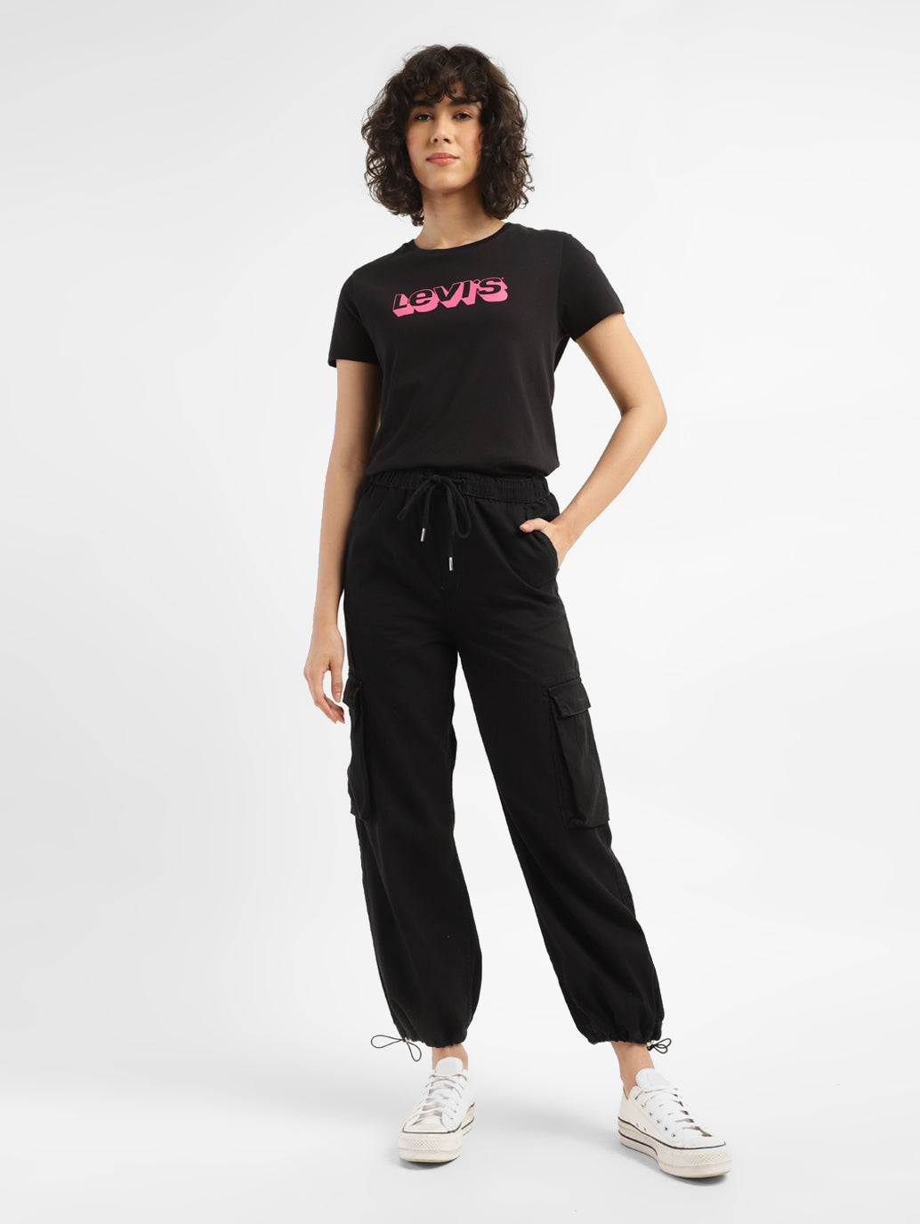 Women's Black Relaxed Fit High Rise Cargo Jogger - ModelFront View