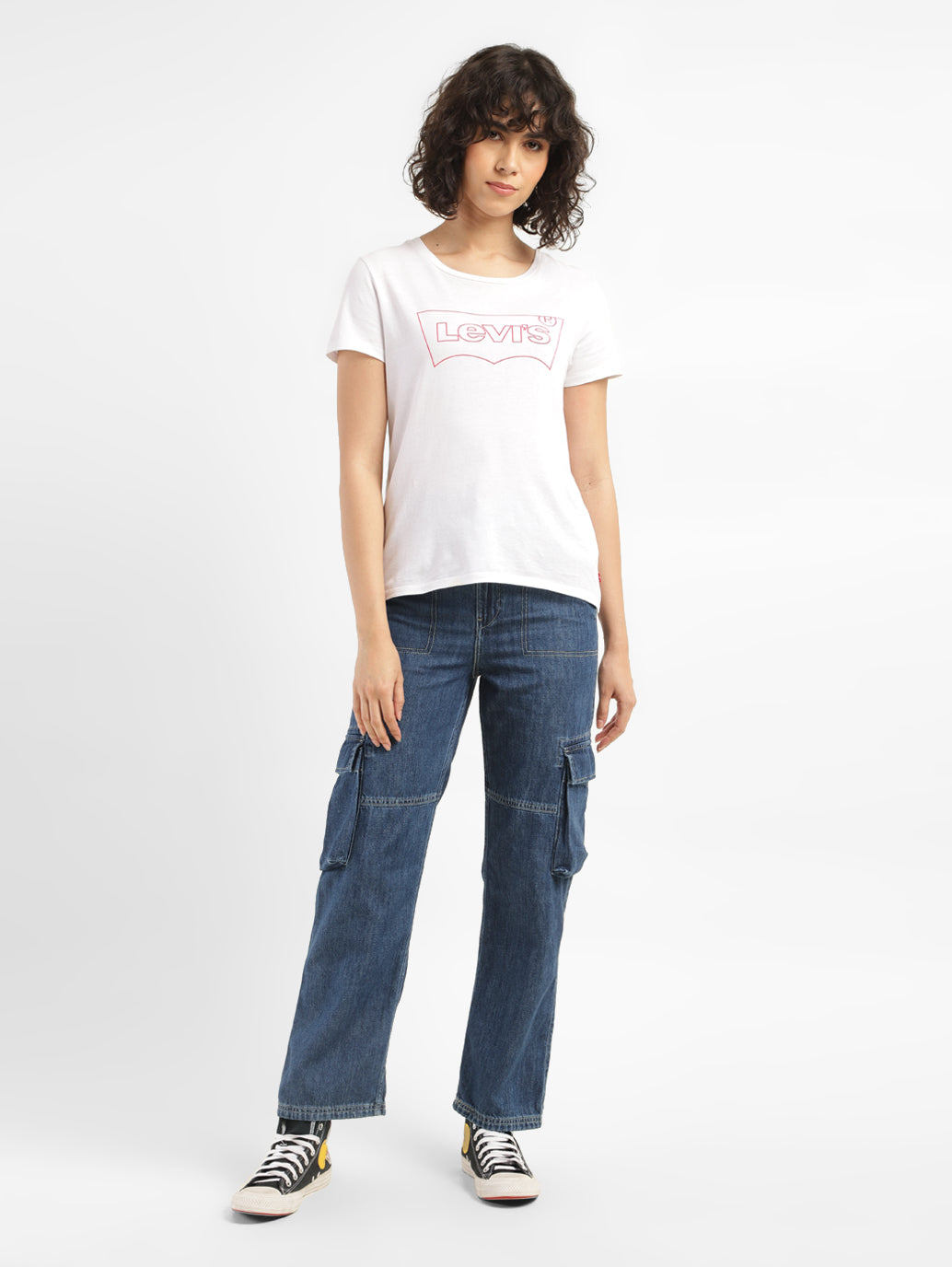 Women's Blue Bootcut Fit Mid Rise Jeans - ModelFront View