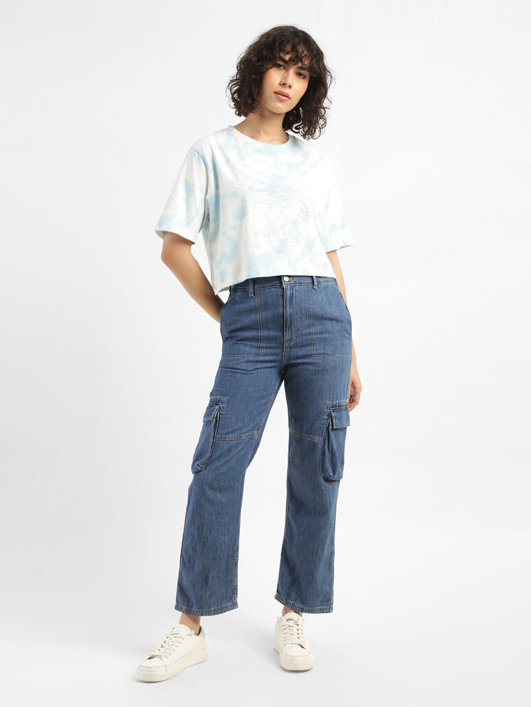 Women's Blue Bootcut Fit High Rise Jeans - ModelFront View