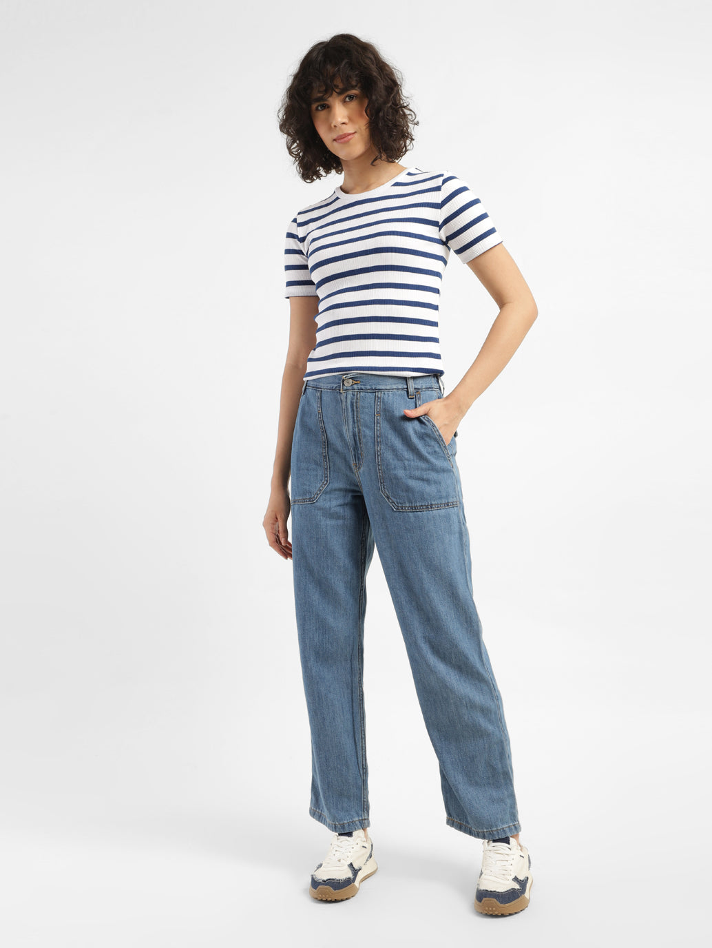Women's 94 Blue Baggy Wide Leg Fit Mid Rise Jeans - ModelFront View