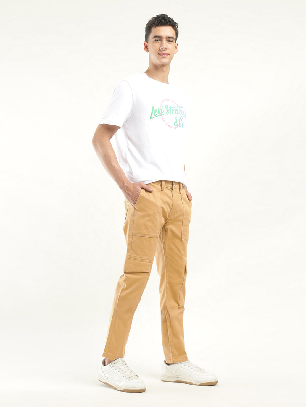 Men's Khaki Slim Fit Cargo Trousers - Front View