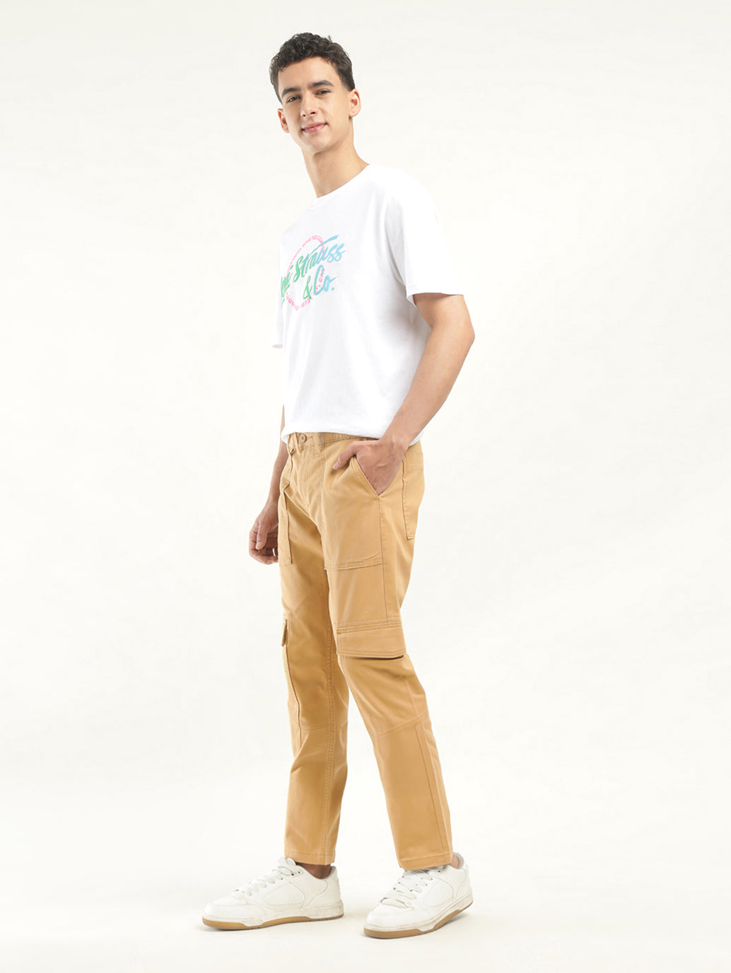 Men's Khaki Slim Fit Cargo Trousers - side View