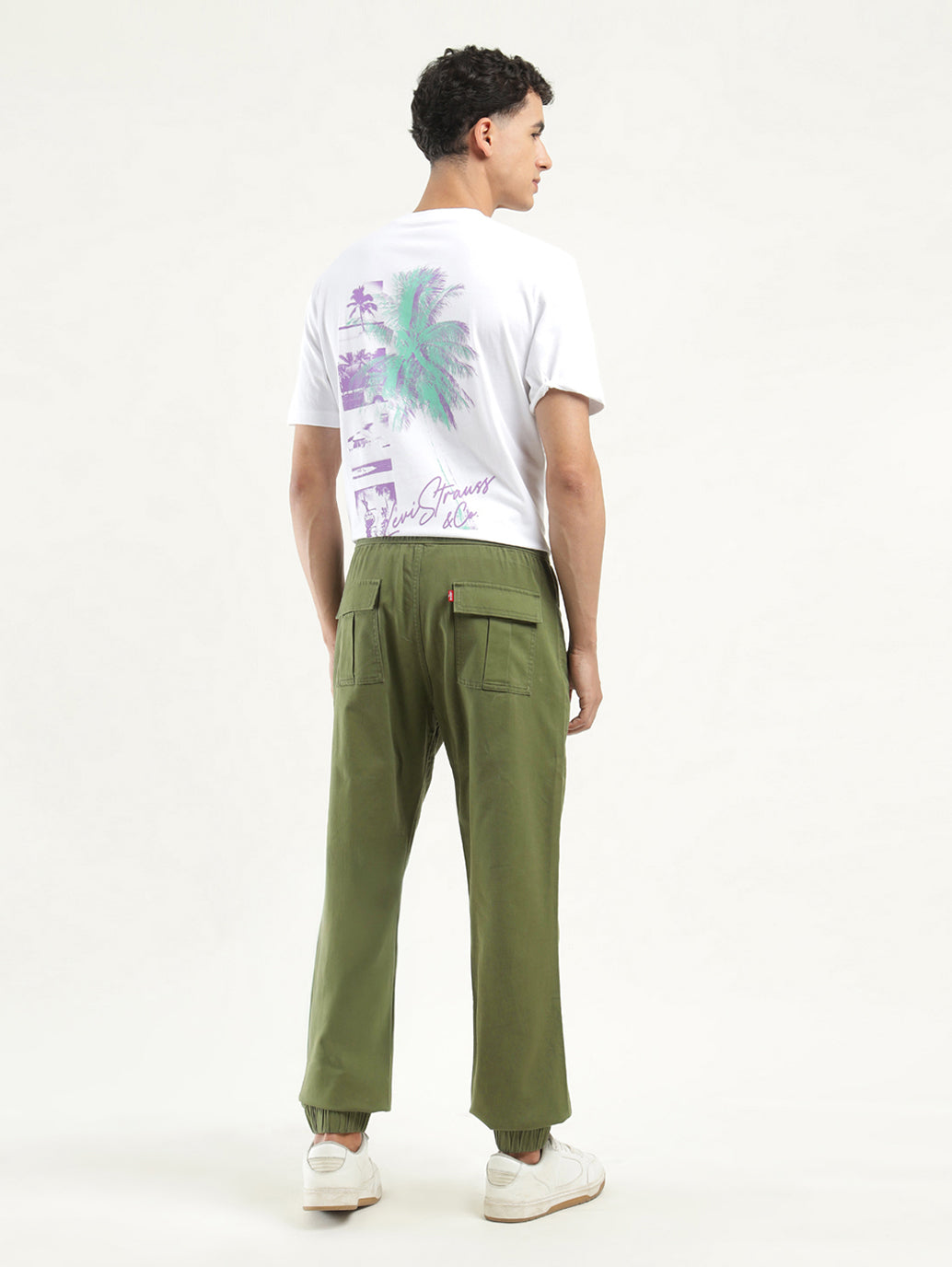 Men's Olive Regular Fit Jogger Trousers - Back View
