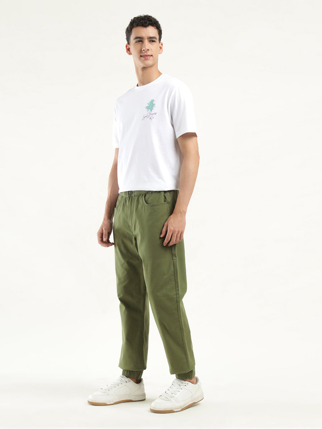 Men's Olive Regular Fit Jogger Trousers - side View