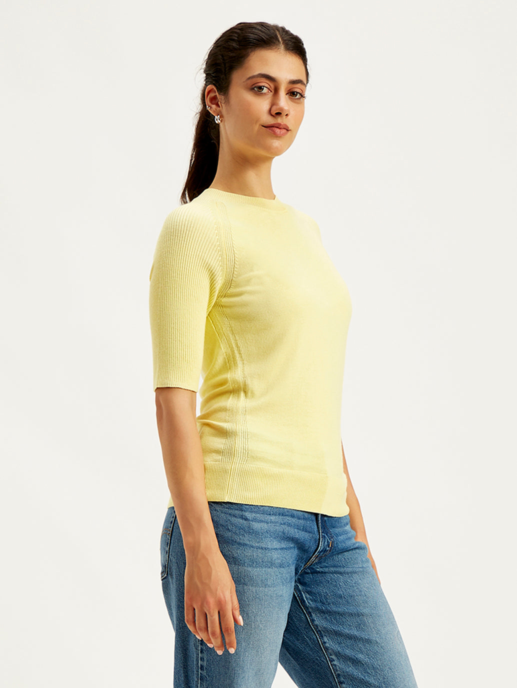 Women's Solid Yellow Crew Neck Sweater - a5cb8ff4-4e2e-4627-9f06-a0a1cd2f7f02 View